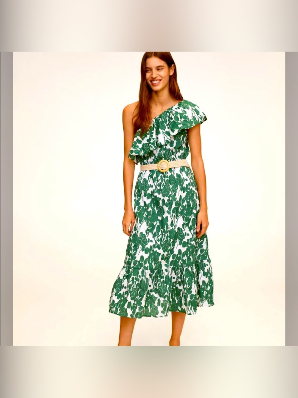 Mango One-Shoulder White and Green Floral Print. Size 4